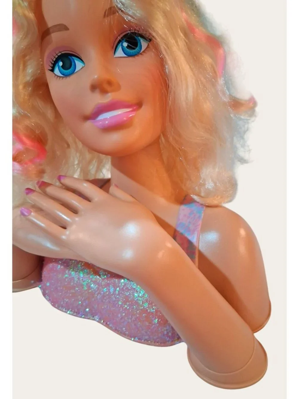 Barbie Blonde Styling Doll Head With Makeup Glittery Top RARE